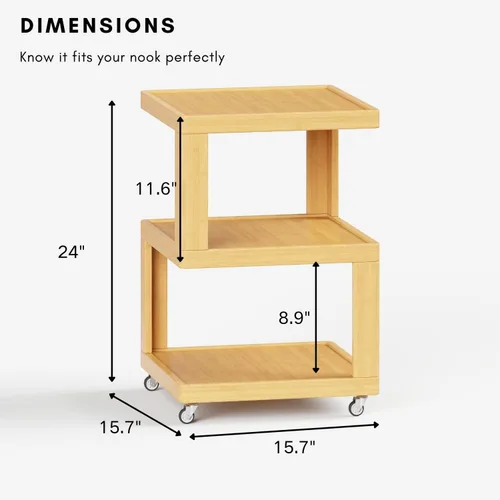 Miniatura 2 de ZIYOO Mesa auxiliar móvil de madera maciza de 3 niveles con ruedas, mesita de noche de madera, organizador de almacenamiento de diseño flotante