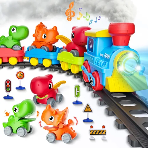 Juego de tren para niños pequeños con vapor, música y luces - Juguetes de tren eléctrico para niños con accesorios de pistas, incluyendo 3 autos de