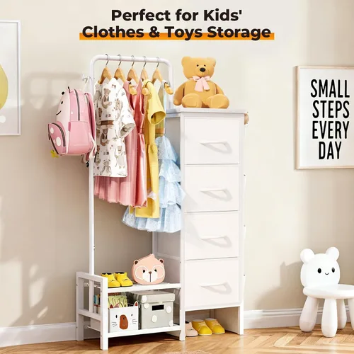 Miniatura 3 de Cómoda con estante para colgar, perchero de 52 pulgadas de alto con cajones, 4 cajones y 4 bolsas laterales, cómoda de tela con estantes inferiores