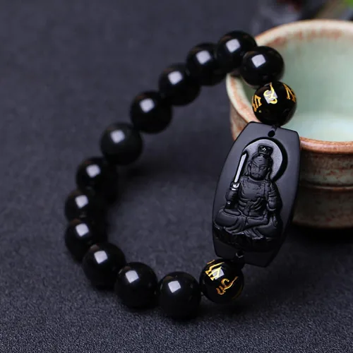 Miniatura 2 de 100% obsidiana natural pura inamovible Bodhisattva Buda pulsera pulsera