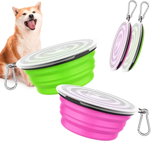 Miniatura 9 de Pawaboo Cuencos plegables 2 en 1 para perros, cuencos dobles para comida y agua, cuenco de silicona portátil de 180° con gancho de metal, comedero