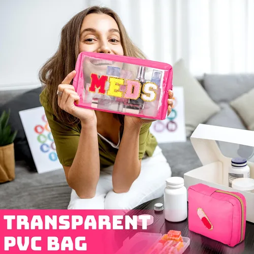 Miniatura 4 de Hillban 2 bolsas medicinales de chenilla con parche de letras, bolsas de viaje, de nailon transparente, bolsas de maquillaje portátiles