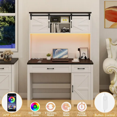 Miniatura 6 de Vabches Farmhouse - Escritorio ejecutivo de 47 pulgadas, escritorio para computadora con 2 cajones, armario de almacenamiento y luz LED, cubo