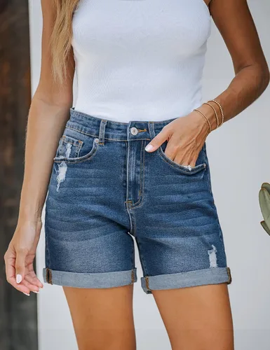 Miniatura 3 de luvamia Pantalones cortos de mezclilla rasgados casuales para mujer, cintura alta, desgastados, con dobladillo enrollado, pantalones cortos de jeans