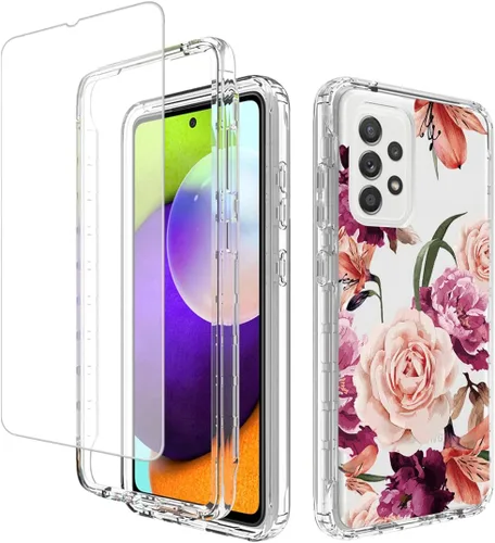 Funda para Galaxy A52 5G/4G/Samsung A52 SM-A526, bonita funda protectora de cuerpo completo transparente con protector de pantalla de vidrio
