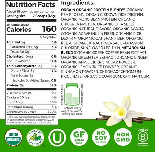 Miniatura 2 de Orgain Mezcla de proteína orgánica + metabolismo en polvo, grano de vainilla, 0.74 oz de proteína vegetal, 0.18 oz de fibra prebiótica, sin