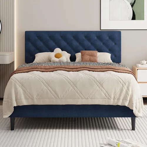 Miniatura 9 de BarnFurin Marcos de cama individual con cabecera capitoné con botones, cama de plataforma tapizada de lino con soporte de listones de madera, fácil