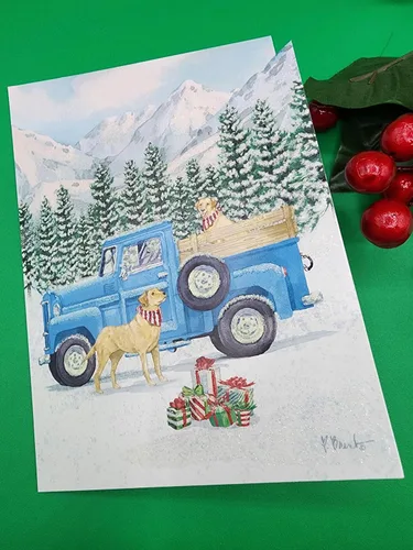 LPG Greetings - Camioneta de camioneta azul: Golden Lab: Montañas cubiertas de nieve, caja de 12 tarjetas de Navidad troqueladas