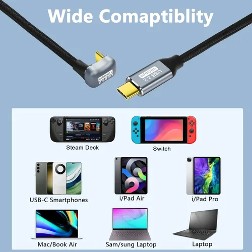 Miniatura 7 de GELRHONR Cable de carga rápida USB C en forma de U, cable USB 3.2 Gen 2 en ángulo de 180 grados, cable de carga tipo C macho a macho PD100W, 10Gbps