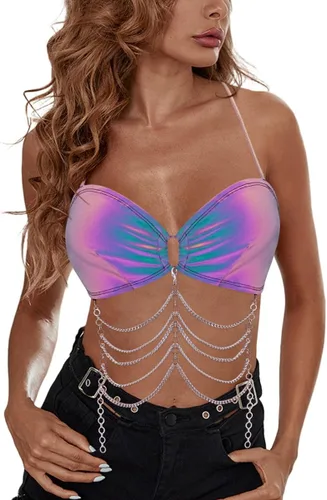 Miniatura 2 de Mocure Camiseta sin mangas holográfica reflectante metálica para mujer, para Rave Festival Club