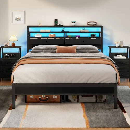 Miniatura 11 de Furnulem Base de cama tamaño completo con cabecero y 2 cajones de tela, cama de plataforma completa con luces LED, estación de carga integrada