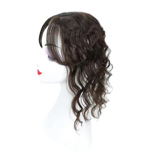 Miniatura 4 de Peluca de cabello humano rizado tipo tupé para mujer con flequillo lateral/flecos que añaden volumen al cabello, base de seda de 5 x 5 pulgadas