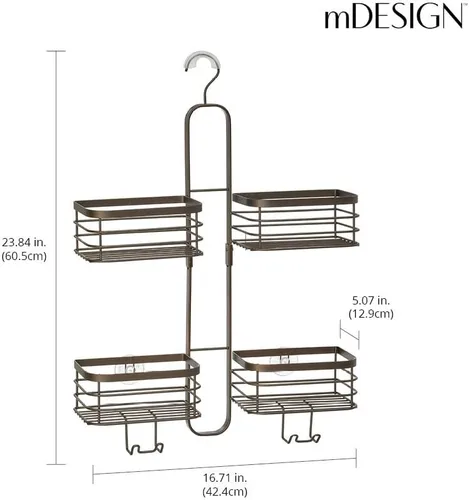 Miniatura 3 de mDesign Carrito de ducha colgante de acero metálico, estante organizador de 4 cestas para baño; sostiene cabezal de ducha de mano, manguera, champú