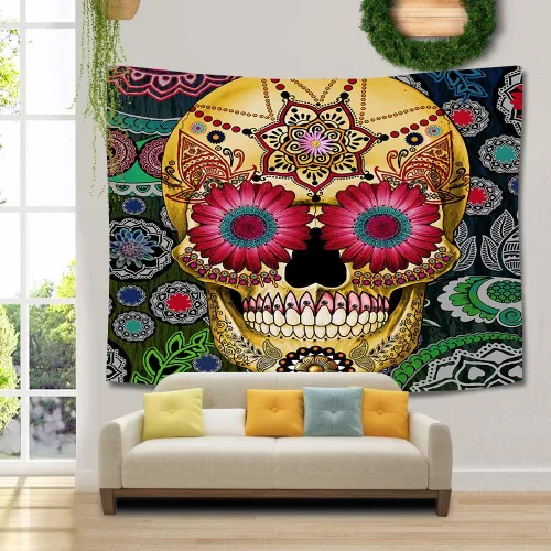 Miniatura 4 de Tapiz de calavera de azúcar, tema del Día de los Muertos, arte de pared bohemio con flores, decoración del hogar, tapices para dormitorio, sala
