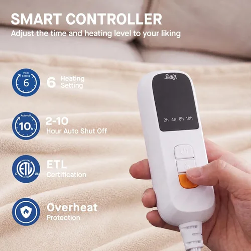 Miniatura 5 de Sealy - Manta eléctrica térmica tamaño 50"x60", manta eléctrica de franela doble suave con 6 niveles de calor y apagado automático de 2-10 horas
