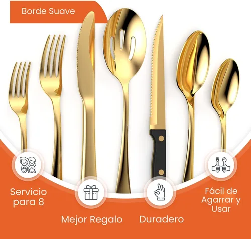 Miniatura 4 de Tribal Cooking Juego de cubiertos dorados de 49 piezas – Servicio para 8 – Juego de cubiertos de acero inoxidable dorado – Juego de cubiertos