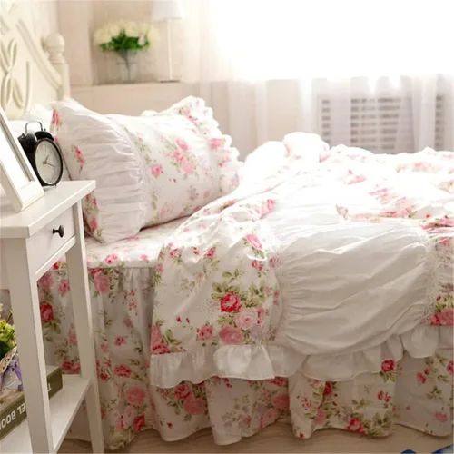 Miniatura 16 de FADFAY Juego de ropa de cama floral estilo campestre francés con estampado de pájaros azules, colección de faldas de cama, 800 hilos por pulgada