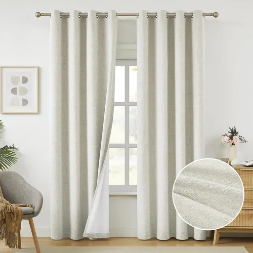 Miniatura 12 de Cortinas opacas de lino beige Melodieux de 63 pulgadas de largo para dormitorio, sala de estar, 100% cortinas con ojales para bloquear la luz