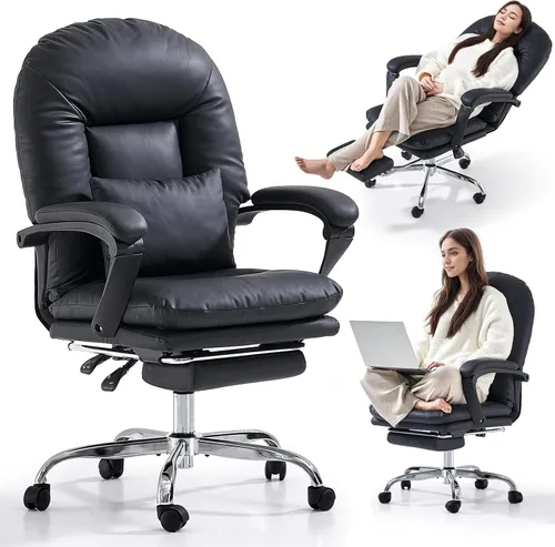 EMIAH Silla de Oficina Ergonómica con Reposapiés Silla Criss Cross con Ruedas Silla de Oficina Ejecutiva Reclinable Respaldo Medio Cuero PU Sillas