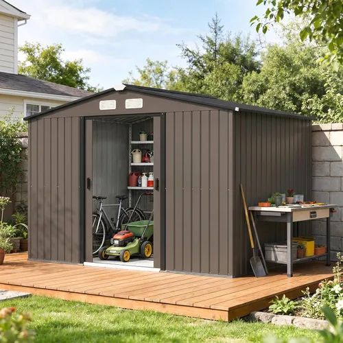 Miniatura 12 de Outsunny Cobertizo de almacenamiento exterior de 11' x 13', cobertizo de metal para herramientas de jardín con kit de cimentación, puerta con doble