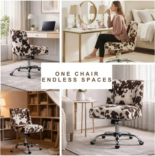 Miniatura 7 de Silla de escritorio con estampado de vaca, silla giratoria de escritorio con ruedas, silla tapizada para oficina en casa sin brazos para dormitorio