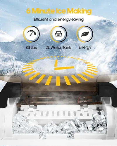 Miniatura 4 de Máquina de hielo rápida para encimera - 9 cubos en 6 minutos, 33 libras/día, autolimpiante, máquina de hielo portátil negra silenciosa con control