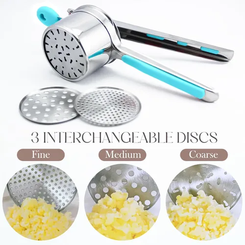 Miniatura 5 de Triturador de patatas Bellemain de 15 oz con 3 discos intercambiables, triturador de patatas de acero inoxidable, herramienta de cocina para puré