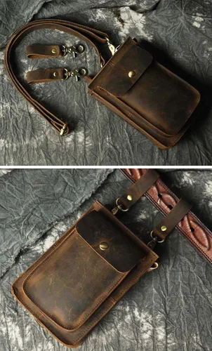 Miniatura 6 de Le'aokuu Riñonera de cuero genuino para hombre, 021 A1 Marrón Oscuro
