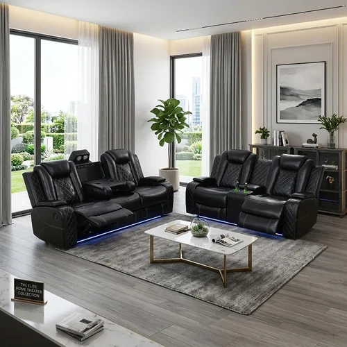 Miniatura 14 de Juego de sofá reclinable eléctrico de cuero de 3 piezas para sala de estar con puertos USB, iluminación ambiental LED y consola de almacenamiento