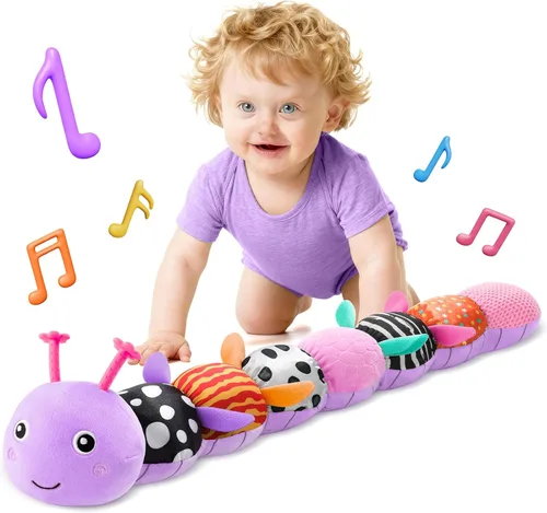 Miniatura 9 de HEMRLY Juguetes de regalo para bebés, juguete sensorial de 0 a 6 meses, oruga musical de peluche suave con dentición, sonajero para tiempo de Rosa
