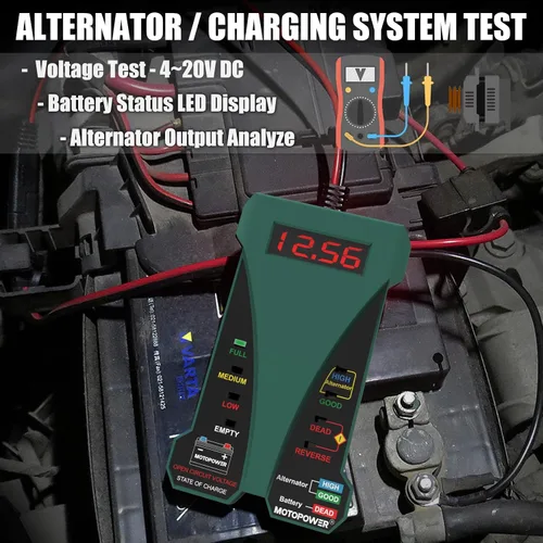 Miniatura 2 de MOTOPOWER Probador de batería digital de 12 V, voltímetro y alternador, analizador de sistema de carga con pantalla LCD e indicación LED, pintura