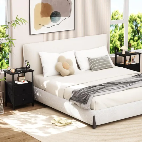 Miniatura 7 de LOAKEKEL Mesita de noche, mesita de noche con estación de carga, mesa auxiliar con almacenamiento 2 cajones de tela para dormitorio, mesa auxiliar