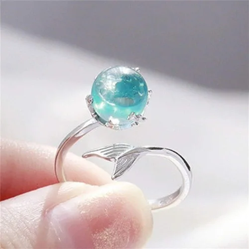 Miniatura 5 de Czjewelry Anillo abierto de cristal azul sirena de princesa del océano tamaño ajustable para mujeres y niñas Cristal circonita
