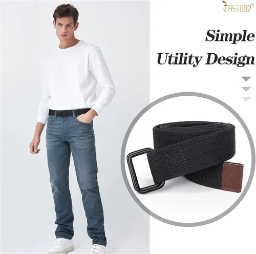 Miniatura 5 de JASGOOD Cinturones de tela de lona para hombre, cinturones casuales de tela con hebilla de doble anillo negro, paquete de 2