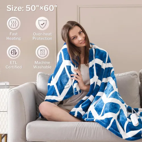 Miniatura 5 de VENTIMI Manta eléctrica con calefacción, manta térmica de 50 x 60 pulgadas con 5 niveles de calor y 3 horas de apagado automático, mantas de Azul