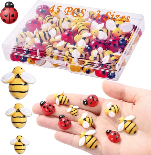 CCOZN 45 piezas diminutas de resina de abejas, 25 adornos de abejorros de miel de resina, 20 piezas de decoración de mariquitas de jardín con caja,