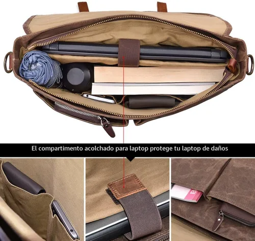 Miniatura 4 de Bolso mensajero para hombre de 15.6 pulgadas, impermeable, de cuero auténtico, encerado, maletín de lona grande, bolso de hombro de cuero resistente