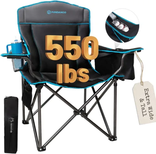Miniatura 12 de FUNDANGO Silla de campamento de gran tamaño para adultos, silla de césped plegable portátil de servicio pesado con asiento y respaldo acolchados