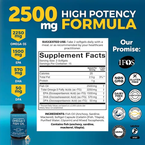 Miniatura 2 de Viva Naturals Aceite de Pescado Omega-3, Triple Fuerza, 2500 mg, 30 Cápsulas Blandas – Ácidos Grasos Omega 3 Re-Esterificados Incluyendo EPA, DHA