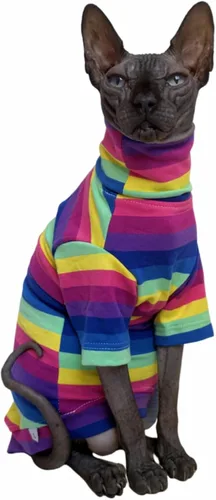Miniatura 9 de Camisa de algodón con cuello redondo para gatos sin pelo Sphynx de rayas vintage, ropa para mascotas con mangas, camisetas para gatitos para Sphynx