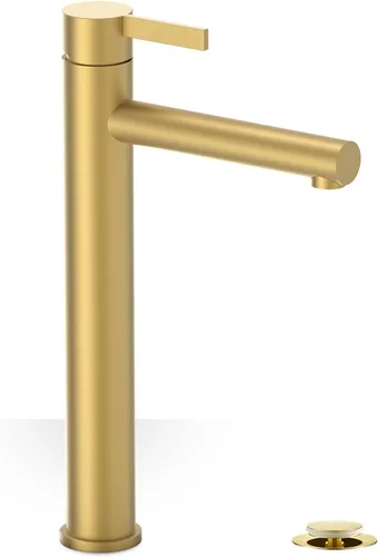 Phiestina FH01-BG-V - Grifo de lavabo de baño de oro cepillado, un solo agujero, grifo alto de baño de una sola manija, con drenaje desplegable y