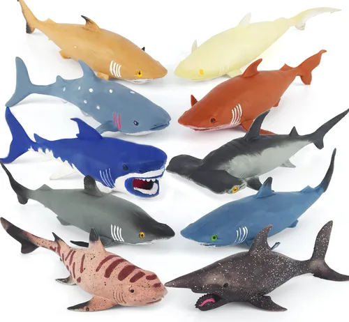 Paquete de 10 juguetes de tiburón, 8 pulgadas, suaves y elásticos, juego de tiburón realista, juguetes flotantes para tina y recuerdos de fiesta de