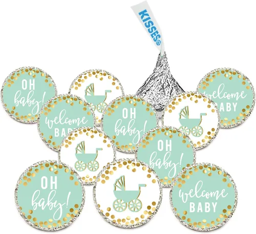 Andaz Press Trío de etiquetas de baby shower con purpurina dorada y imitación de brillantina: gota de chocolate, gráfico de sonajeros, paquete de