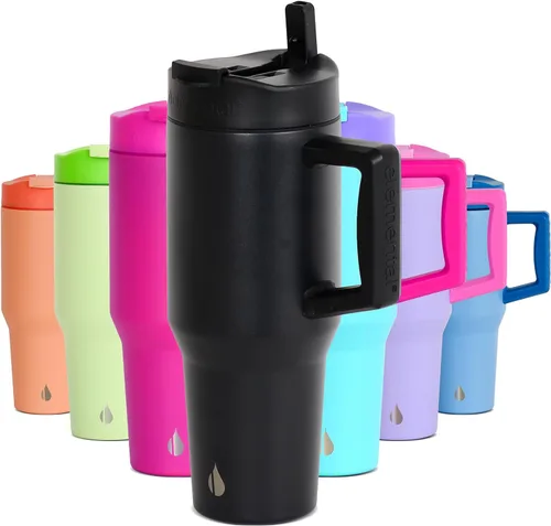Miniatura 35 de Elemental Vaso de 40 onzas con asa y popote - A prueba de derrames, aislado de acero inoxidable para uso diario - Taza de café de viaje con 2