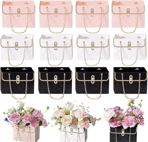 Miniatura 13 de Caja de regalo de papel de flores con cadena de metal, cajas de flores portátiles, cajas para arreglos florales, cajas de flores para arreglos, 4