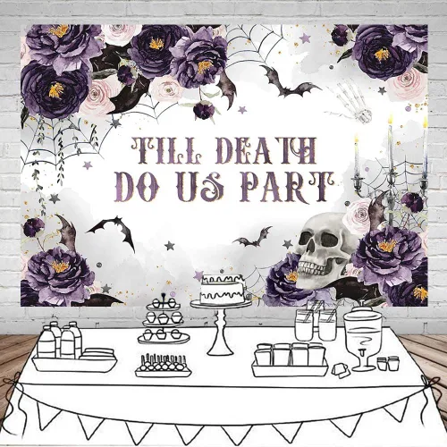 Miniatura 2 de Mocsicka Till Death Do Us Part - Telón de fondo para Halloween, esqueleto gótico, flores, despedida de soltera, fotografía, fondo espeluznante