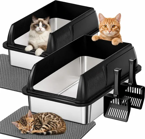 Gimars Paquete de 2 cajas de arena de acero inoxidable XL para gatos grandes y mayores, bandeja de arena de metal para gatos múltiples con lados