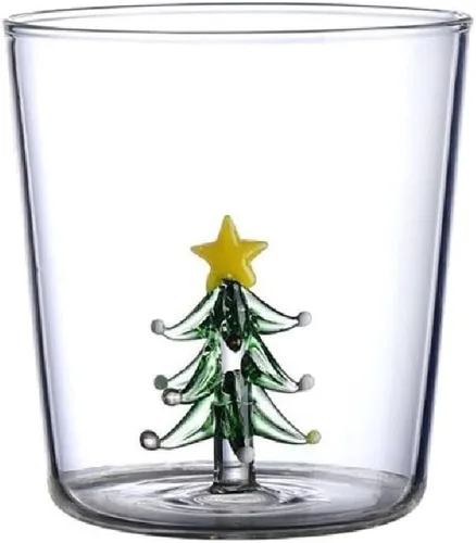 Vaso de vidrio 3D con figura de árbol de Navidad en el interior, sin tallo, para vino, agua, leche, copa de vidrio, copa de árbol de Navidad,