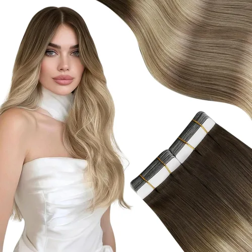 Miniatura 16 de Moresoo Extensiones adhesivas de cabello humano degradado, balayage, mezcla de marrón oscuro con extensiones de color marrón medio, extensiones