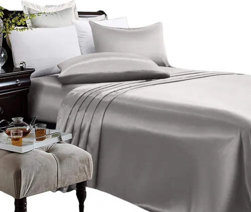 Miniatura 6 de Anex Linen Juego de sábanas de satén, juego de ropa de cama de 4 piezas, hilos altos, juego de sábanas 100% satén beige ultra suave, juego